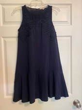 LOFT Navy Blue Sleeveless Flounce Dress w/Lace Appliqué Stretch Knit  Small EUC