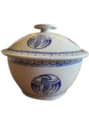 Vintage Crane Design Chinese Pottery Rice/Soup Bowl With Lid