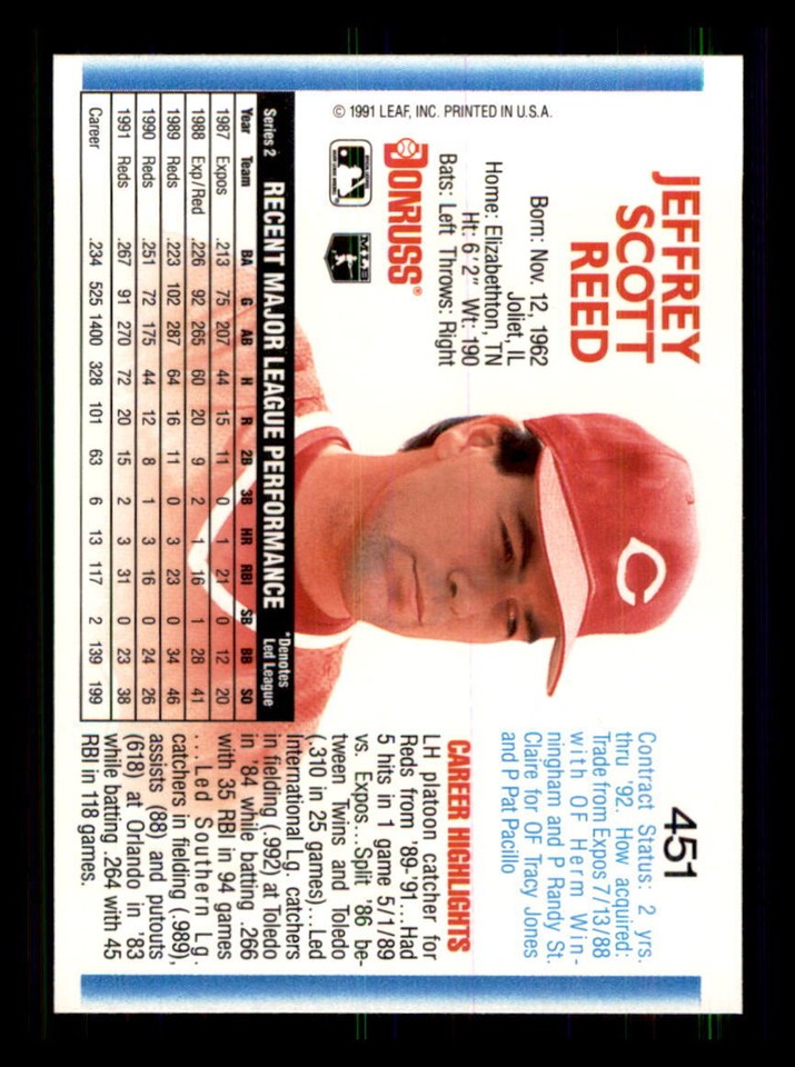 1992 BASEBALL 1992 Donruss Jeff Reed Cincinnati Reds #451 1 | eBay
