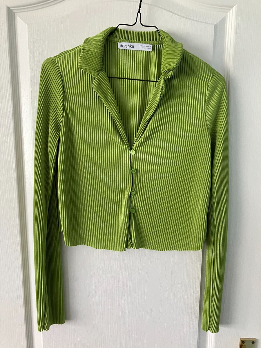 Bershka Lime Green Plisse Collared Long Sleeve Crop Top Cardigan