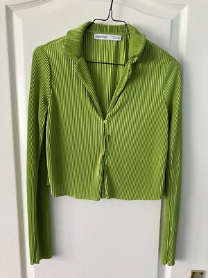 Bershka Lime Green Plisse Collared Long Sleeve Crop Top Cardigan XS  UK