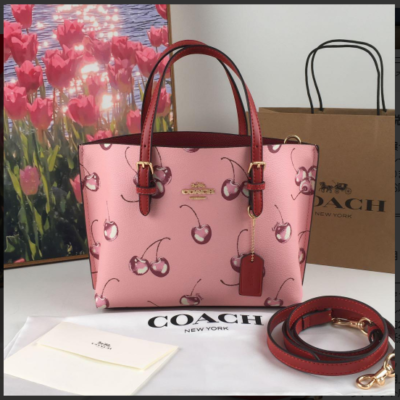 COACH CR293 Tote 25 2way Shoulder Bag Canvas Leather Cherry Pink