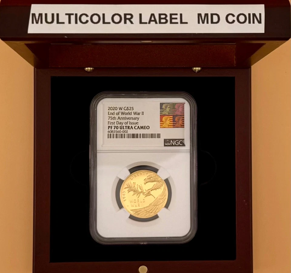 2020 End of World War II 75th Anniv. W $25 Gold Medal PF70 FDOI MULTICOLOR LABEL - Image 2 of 4
