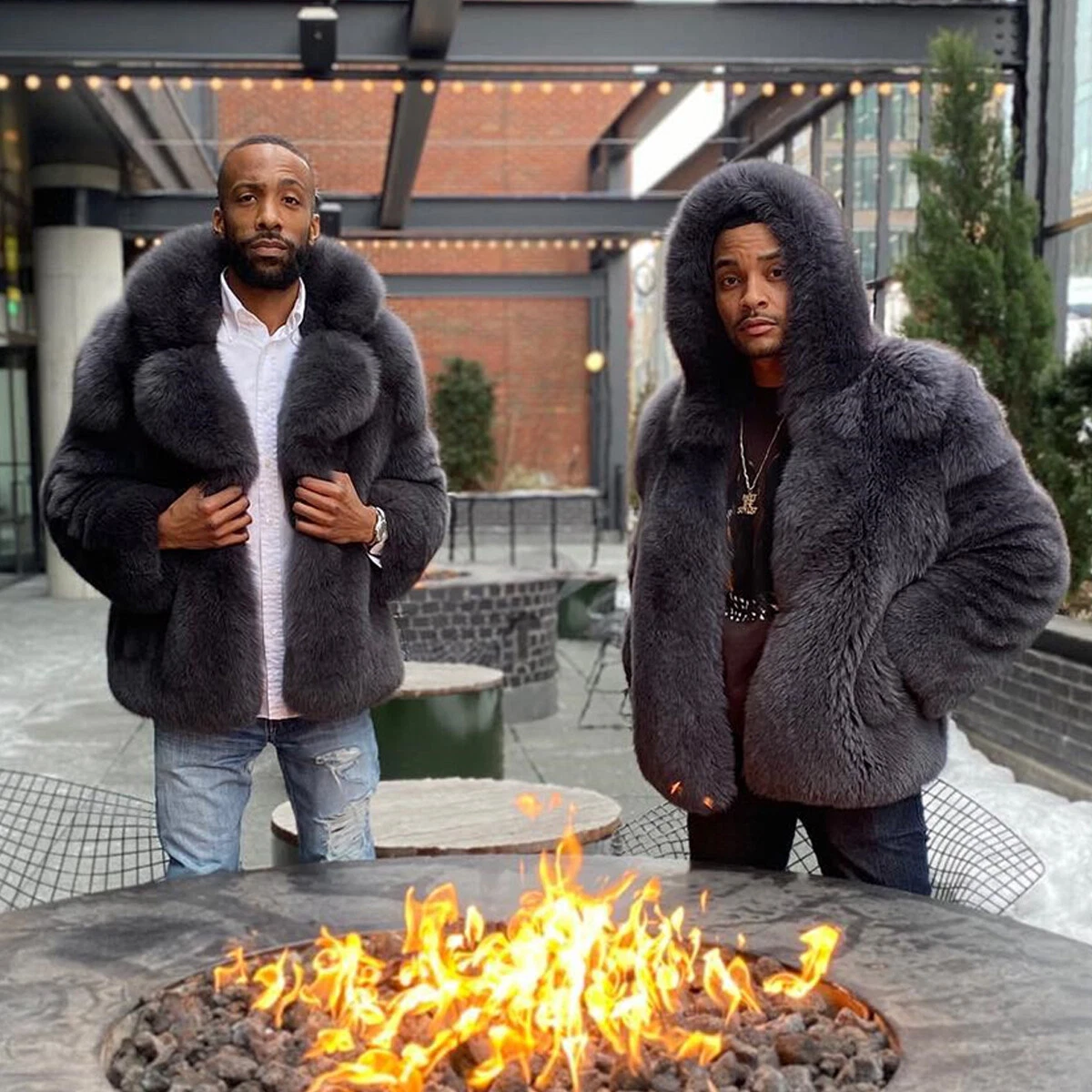 Gray Mens Full Pelt Real Fox Fur Coat Hooded Winter Thick Warm Real Fur Overcoat