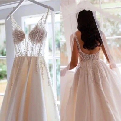Weiß Ivory Brautkleid Hochzeitskleid A-Linie V-Ausschnitt Leckage Zurück - Bild 1 von 4