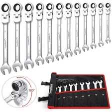 12PCS Flex-Head Wrench Set Metric 8-19mm 72-Teeth Cr-V Steel Ratchet Wrenches