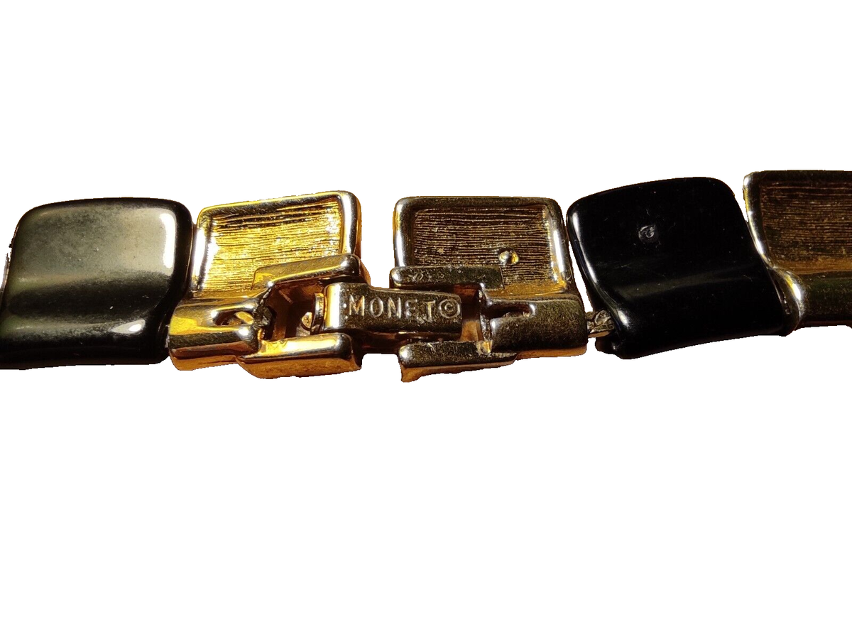 Collier Ras De Cou Vintage Monet - Émail Noir Et Doré Style Art Déco - Occasion