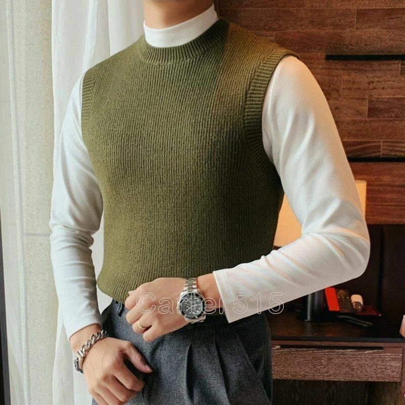 Men's Clothing Black Sleeveless Thick Line Sweater Vest Round Neck Pullover