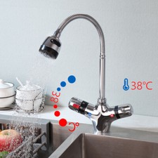 Kitchen Thermostatic Sink Faucet Mixer Valve Dual Handles Chrome Taps Deck Mount