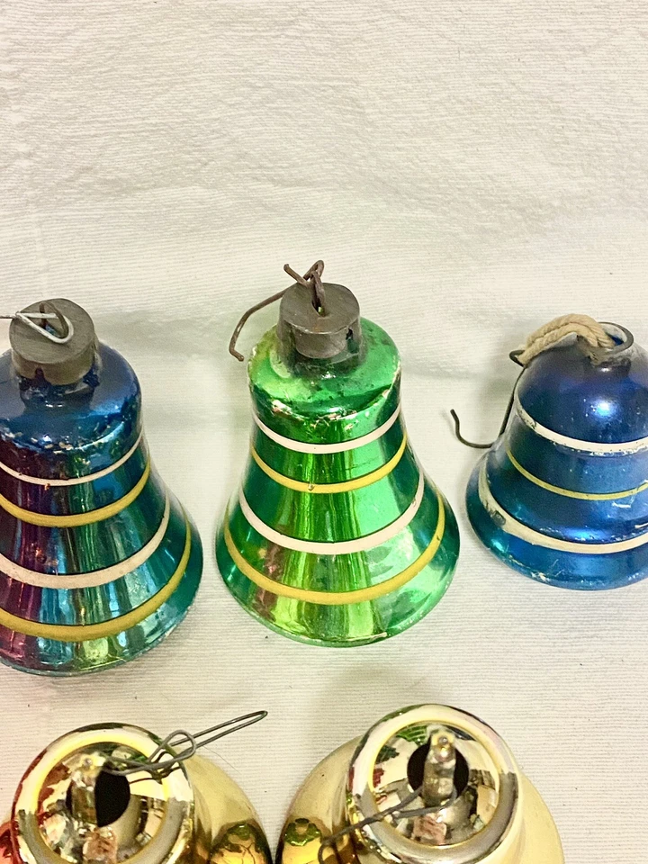 12 Vintage Christmas Bell Striped Ornaments 5 Glass & 7 Plastic Bells Multicolor - Image 3 of 4