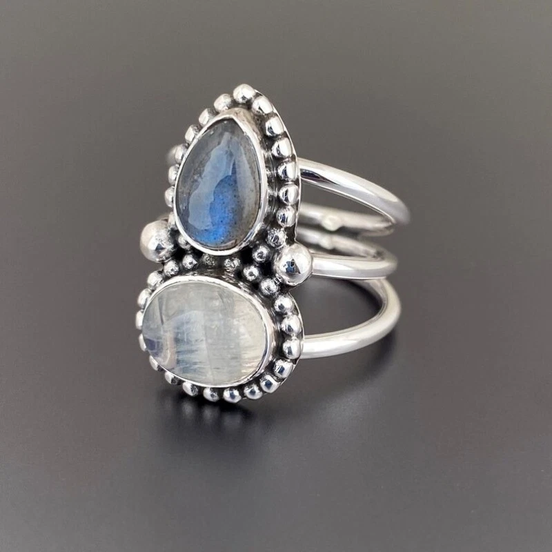 925 Argento Sterling Handmade Donna Anello Pietra di Luna & Labradorite Pietra - Immagine 3 di 4