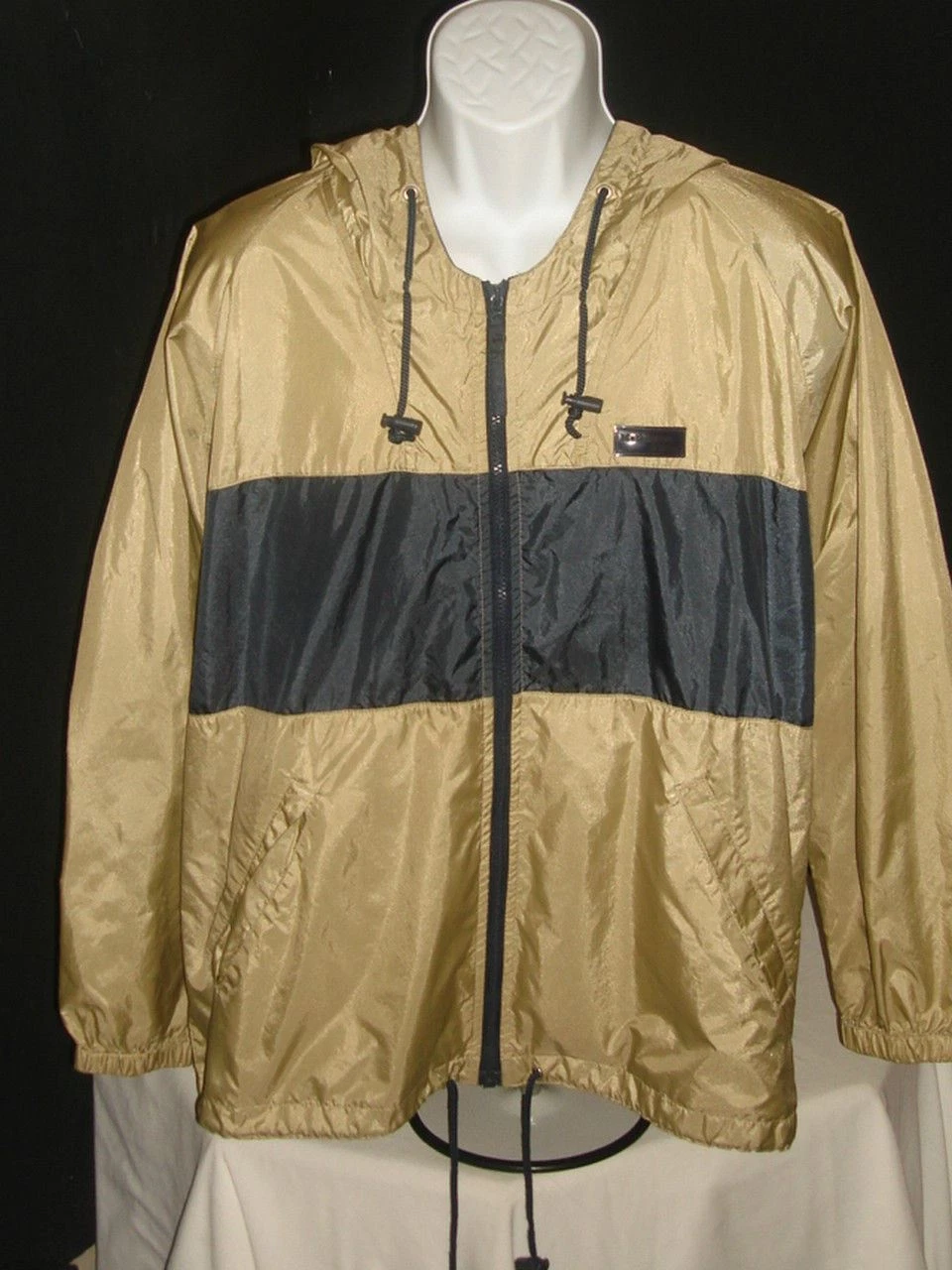 Mathewson & Rowe Beige/Blue Full Zip Hooded Nylon Fishing Windbreaker Sz. S