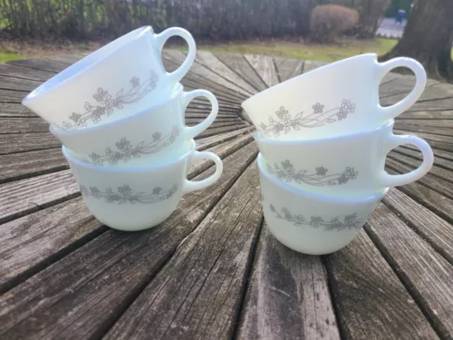 Vintage Corning Ribbon Bouquet Milk Glass Coffee Tea Cup Gray Flower | Set of 6