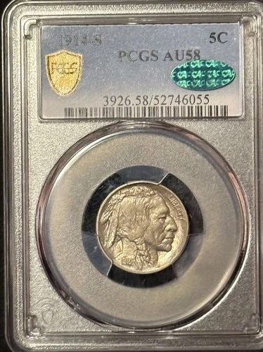 PCGS GOLD SHIELD 1914 S BUFFALO NICKEL AU58 *GREEN CAC!!