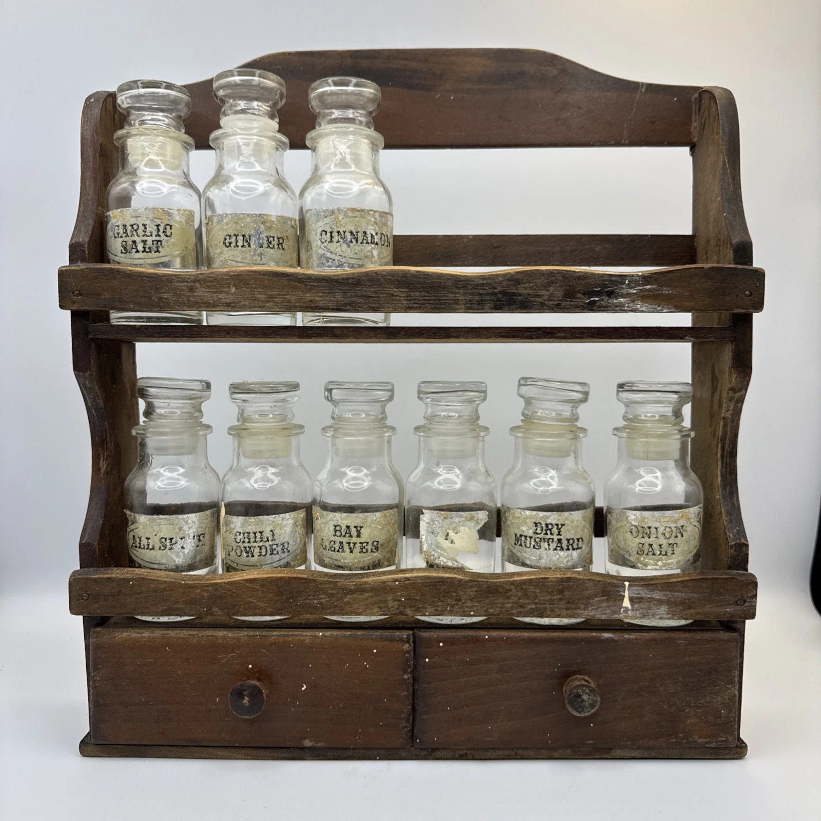 Vintage 70s Wooden Spice Rack 9 Apothecary Spice Jars 2 Drawer Wall Hang Japan