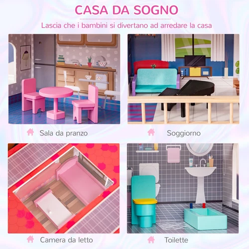 HOMCOM Casa delle Bambole in Legno a 3 Piani con Ascensore e 13 Accessori Rosa - Foto 5 di 10