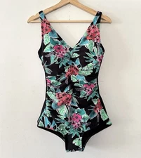 GABAR Swimwear One Piece Swimsuit Bathing Suit Black Floral Tropical Ruching 10