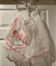 Vtg Half Apron Organza Sheer White Embroidered Rose Hostess Retro MCM 50  s Small