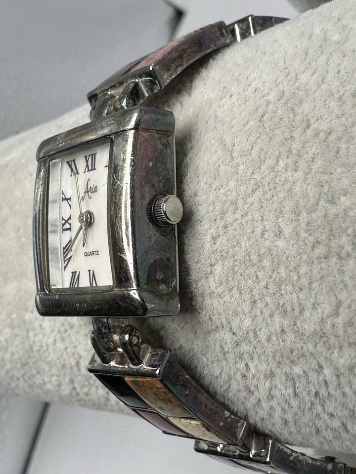 Reloj Aria de Plata Esterlina Damas MOP Batería Nueva 19MM 6.75" Incrustaciones de Piedra L25 Foto 4 de 4