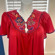 VTG Vanity Fair Bed Jacket Robe Pajama Top Red Embroidered Scalloped Neck Sz XL