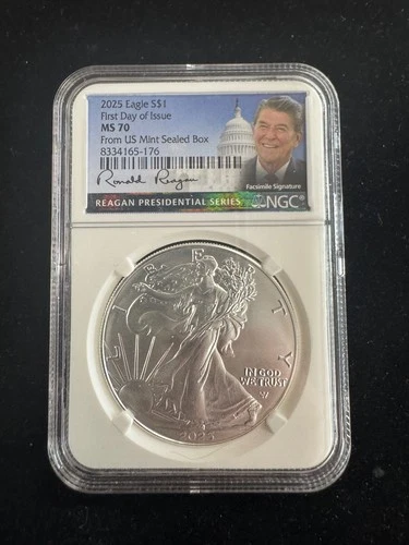 2025 Silver Eagle $1 FDOI MS70!!! (Rare) Anna Cabral SIGNED REAGAN LOW POP NR!