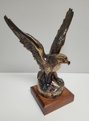 Large Gold Tone Metal Bald American Eagle with Wings Spread On Wood Base Nice!