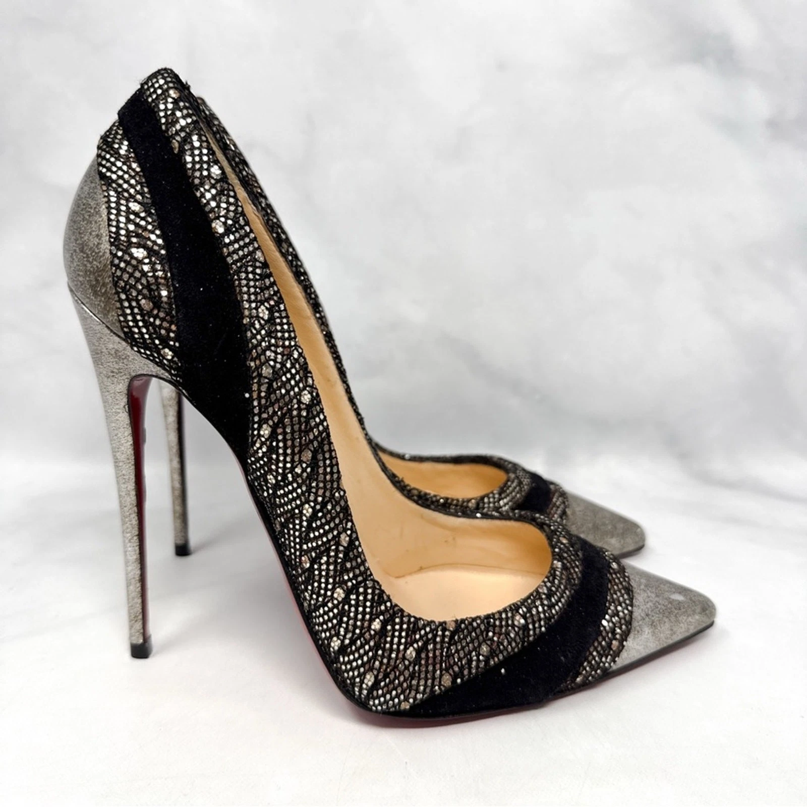 Christian Louboutin — Christian Louboutin Eklectica Glitter Suede Pointed Toe Stiletto Heel Pumps 37