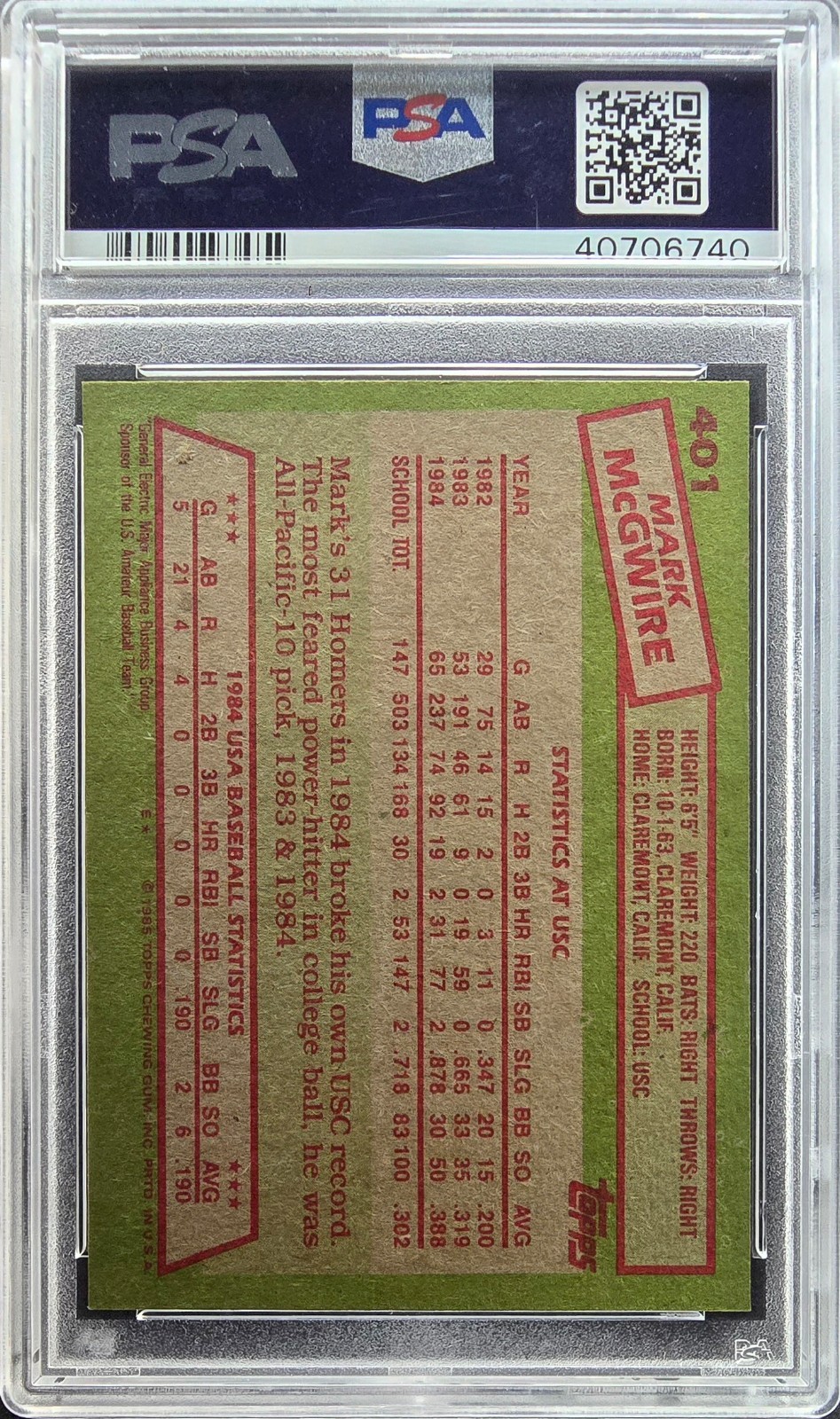 1985 TOPPS 1984 USA BASEBALL TEAM #401 MARK McGWIRE RC PSA 9 view 2