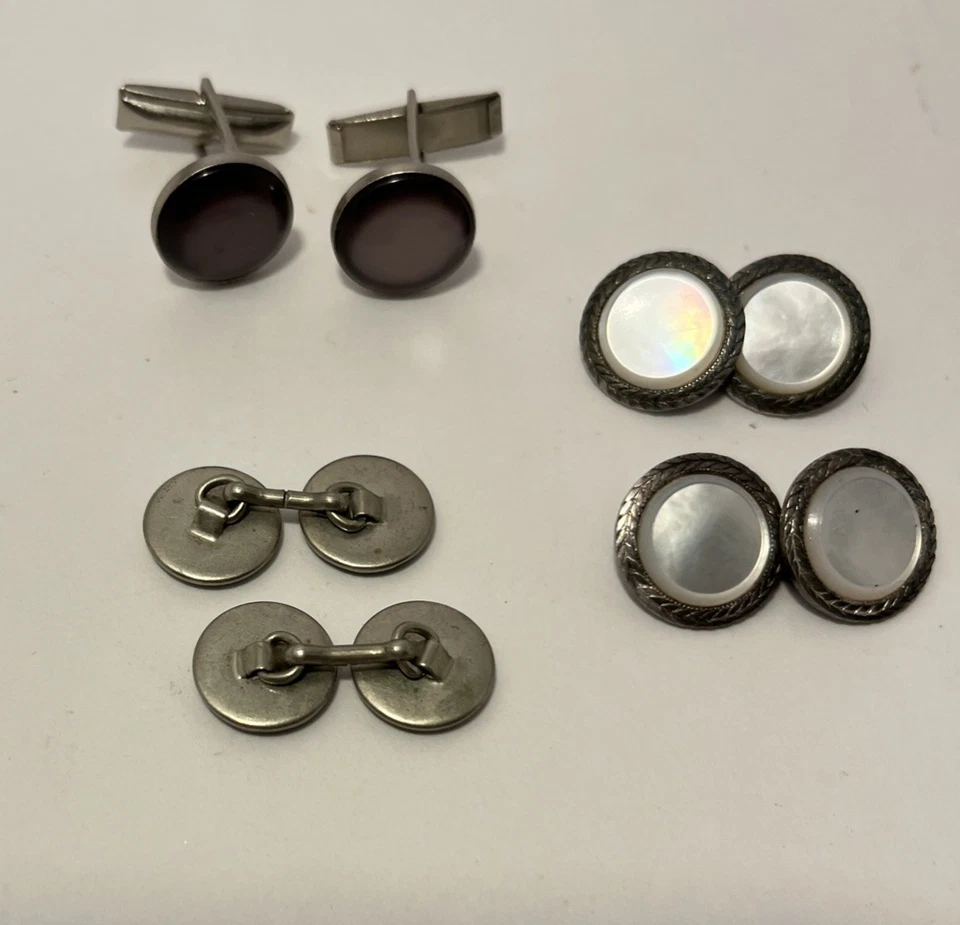 Silver 925 9g Wt Dark Abalone Cufflinks & 4 Chain Links Mens Vintage Formal Wear - Image 3 of 3