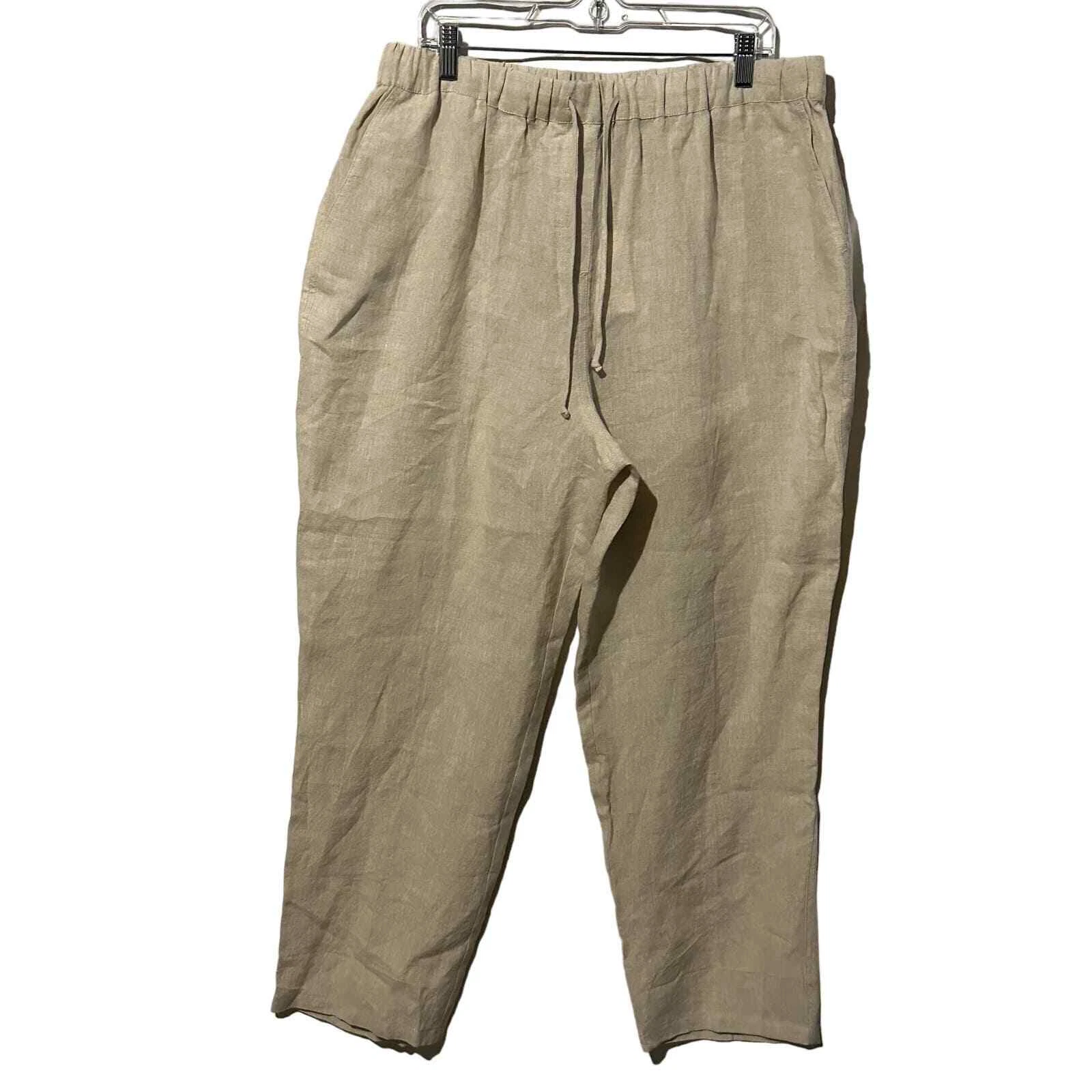 Vivid NWT 100% Linen Beige High Waisted Full Elastic Pants Pockets Sz 2X