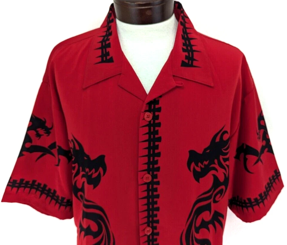 Vtg Y2K DRAGONFLY Roadhouse Men's XL Shirt Red Black Dragon/Spine Button EUC! * - Image 4 of 4