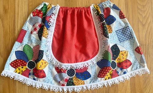 Vintage 70s Girl's Midi Skirt *Size 6/8* Red Floral Hippie Polka Dot Apron Skirt