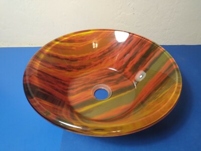 Glass Vessel Sink Red, Orange, Black,Brown Beautiful  Used 15 1/2 Inches Round 