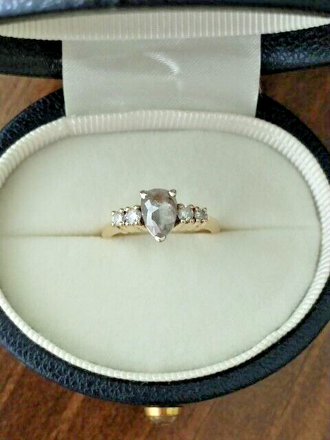  Salt And Pepper Pear Shaped Diamond  14K Yellow Gold Engagement Ring Size 6.5