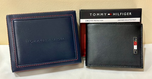 TOMMY HILFIGER BLACK LEATHER & VALET BILLFOLD WALLET W/ RFID PROTECTION $50 - Picture 1 of 6