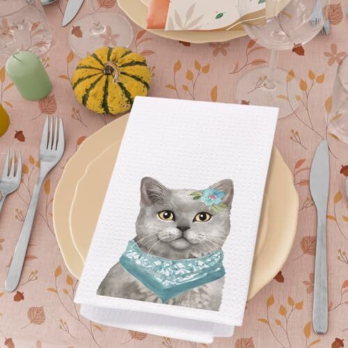 Grey Cat Kitchen Towels Teal Bandana Grey Cat Dish Towels for Kitchen Cat Han... - Picture 4 of 6