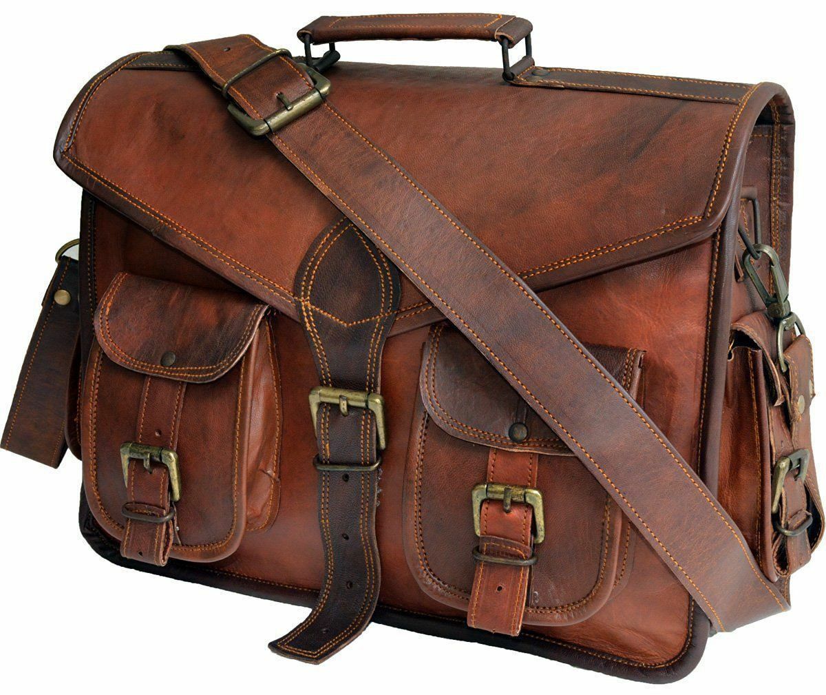 Men's Genuine Vintage Brown Leather Messenger Shoulder Laptop Handmade Bag