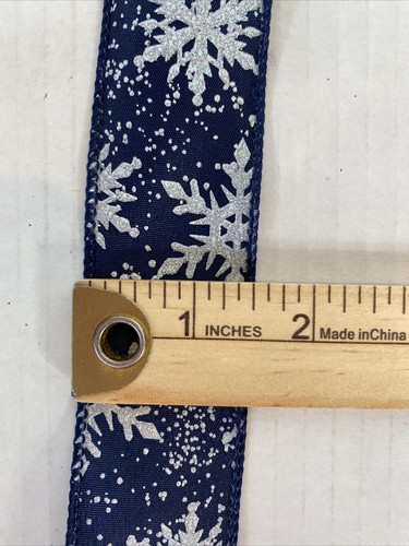 Red Shed Wired Royal Blue Ribbon Iridescent White Snowflakes One Roll 50’ x 1.5” - Picture 7 of 9