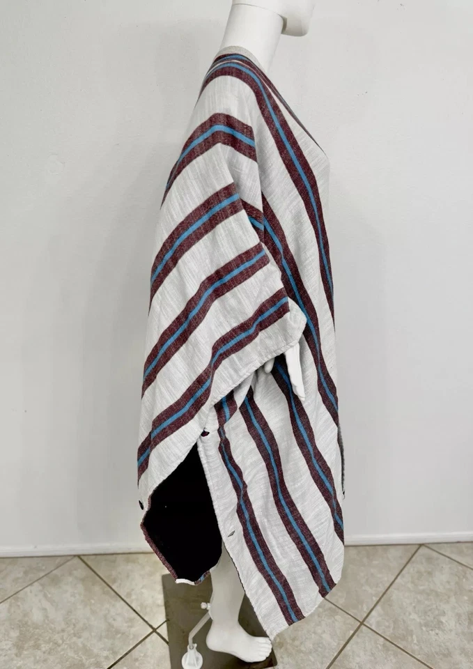 Linen Jacquard Caftan In Blue + Brick Reversible To White W Blue Cotton OOAK 1Sz - Image 3 of 4