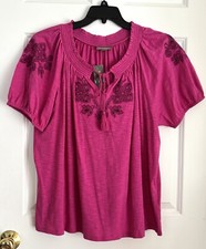 Style & Co Women's Sandy Fuchsia Embroidered Peasant Blouse Size 2X  knit ps2131