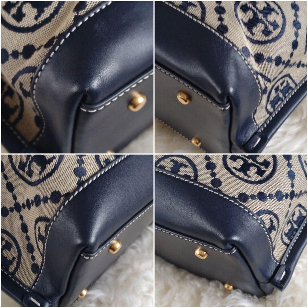 Tory Burch Monogram Jacquard Tote Bag Hand Bag Navy Gray