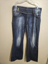 Vigoss Womens Flare Leg Dark Wash Mid Rise 3 Button Wide Waist Band Size 20