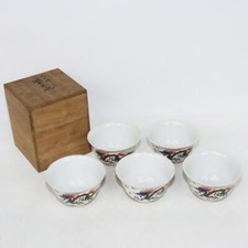 Tea BowlKutani waretea bowls5 piecesblue and whiteold Kutanidragonbox included