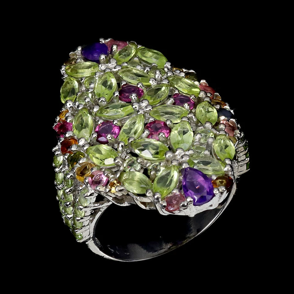 925 Sterling Silver Ring Peridot Amethyst Tourmaline Gemstone Jewelry Size 7.5 - Image 2 of 4