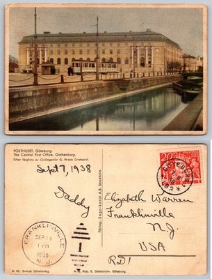 1938 Gothenburg Sweden Central Post Office Tram Canal Vintage Postcard