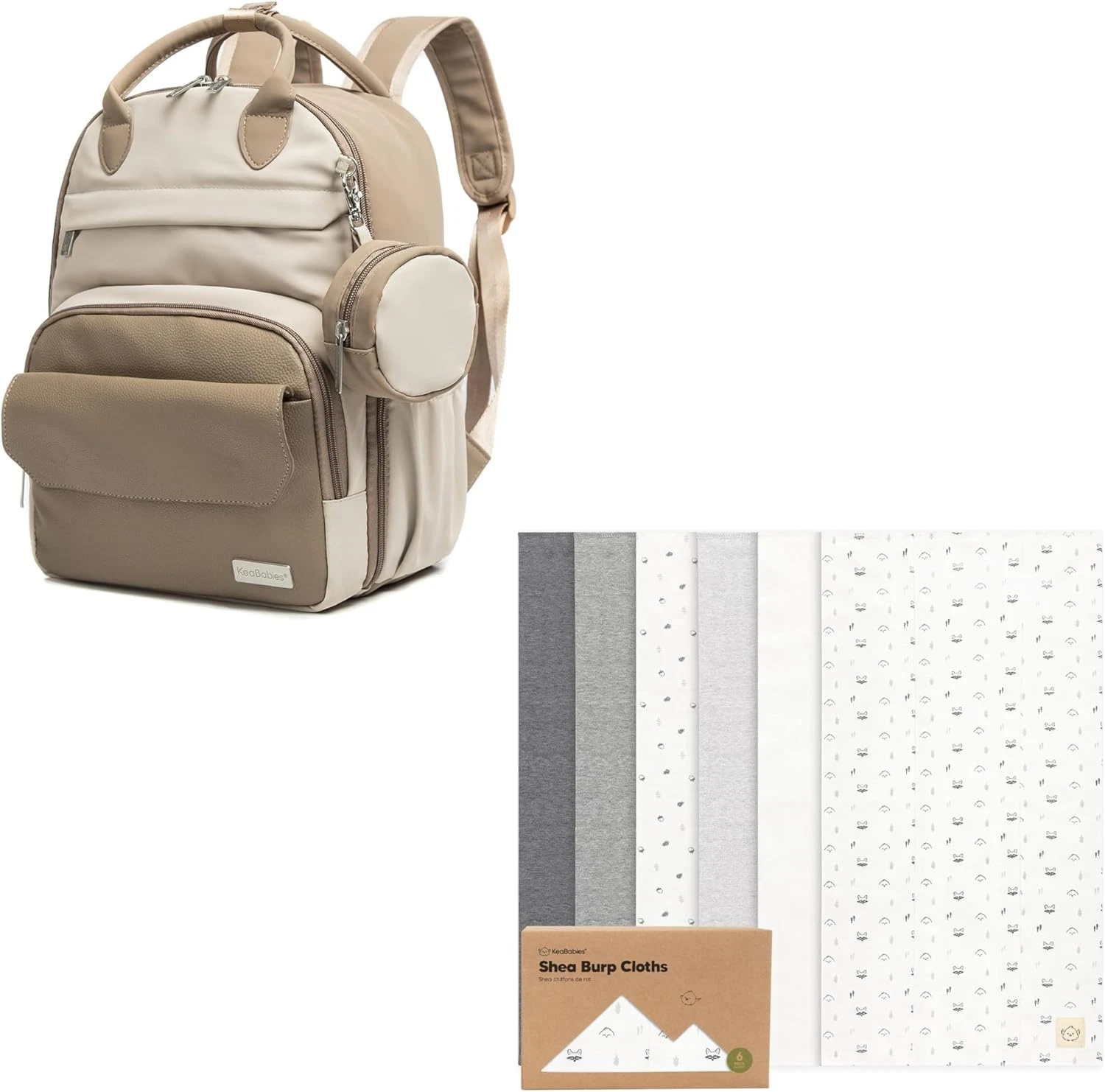 Diaper Bag Backpack & 6 Organic Burp Cloths for Baby - Travel Essential Set