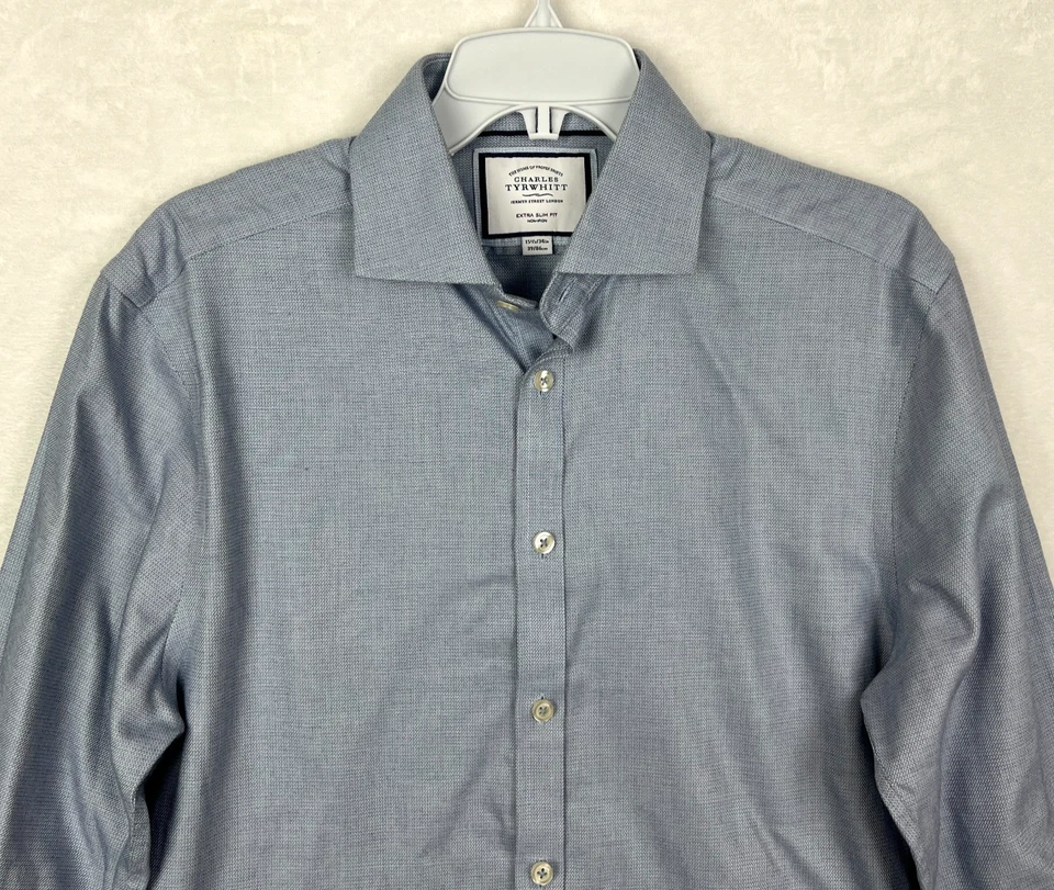 Camisa de vestir azul Charles Tyrwhitt para hombre 15,5 botones calce extra ajustado geométrico Foto 4 de 4