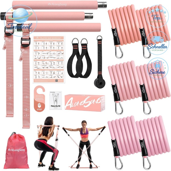 FitnessbäNder Pilates Set 6 WiderstandsbäNder 20-180Lbs Mit Stange Und TüRanker-image