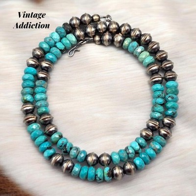20'' Faceted Hubei Turquoise Copper Navajo Bench Bead Necklace Southwest...
