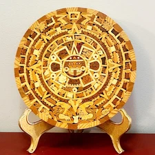 Intricate Round Aztec Calendar Wood Marquetry / Inlay Tonatiuh Sun Wall Art